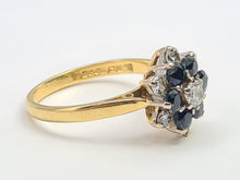 Load image into Gallery viewer, 7498: Vintage: 18ct Gold 7 Sapphires 6 Diamonds (0.6ct) Diamonds Flower Head Ring- from 1978- 46 years old
