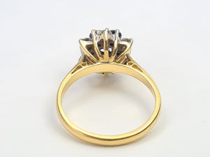 7498: Vintage: 18ct Gold 7 Sapphires 6 Diamonds (0.6ct) Diamonds Flower Head Ring- from 1978- 46 years old