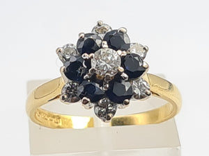 7498: Vintage: 18ct Gold 7 Sapphires 6 Diamonds (0.6ct) Diamonds Flower Head Ring- from 1978- 46 years old