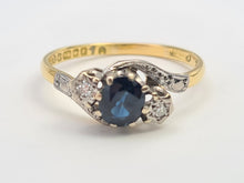 Load image into Gallery viewer, 7501 Vintage: (1964) 18ct Gold Blue Sapphire Twin Diamonds Illusion Set Cocktail Ring- 60 years old
