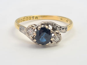 7501 Vintage: (1964) 18ct Gold Blue Sapphire Twin Diamonds Illusion Set Cocktail Ring- 60 years old