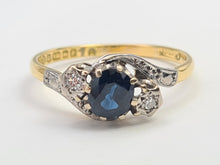 Load image into Gallery viewer, 7501 Vintage: (1964) 18ct Gold Blue Sapphire Twin Diamonds Illusion Set Cocktail Ring- 60 years old
