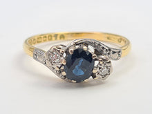 Load image into Gallery viewer, 7501 Vintage: (1964) 18ct Gold Blue Sapphire Twin Diamonds Illusion Set Cocktail Ring- 60 years old
