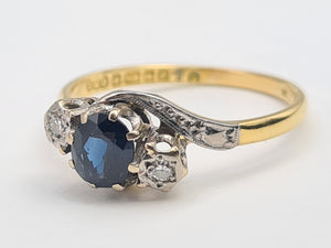 7501 Vintage: (1964) 18ct Gold Blue Sapphire Twin Diamonds Illusion Set Cocktail Ring- 60 years old