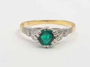 7508: Antique Art Deco; 10ct Gold Platinum Emerald Solitaire - Approximately 90 years old.