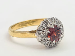 7509: Vintage Old 18ct Gold Platinum Set Garnet Diamonds Ring- Art Deco Design,