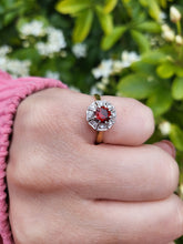 Load image into Gallery viewer, 7509: Vintage Old 18ct Gold Platinum Set Garnet Diamonds Ring- Art Deco Design,
