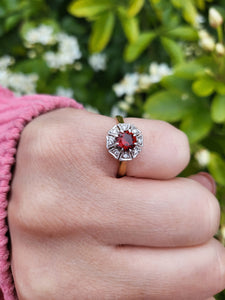 7509: Vintage Old 18ct Gold Platinum Set Garnet Diamonds Ring- Art Deco Design,