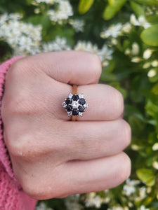 7498: Vintage: 18ct Gold 7 Sapphires 6 Diamonds (0.6ct) Diamonds Flower Head Ring- from 1978- 46 years old