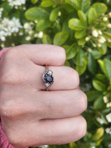 7501 Vintage: (1964) 18ct Gold Blue Sapphire Twin Diamonds Illusion Set Cocktail Ring- 60 years old