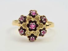 Load image into Gallery viewer, 7476: Vintage; 18ct Gold 7 Rubies Floral Cluster Cocktail Ring- geometric set
