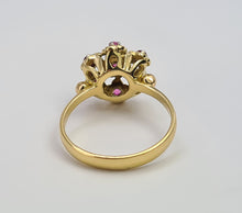 Load image into Gallery viewer, 7476: Vintage; 18ct Gold 7 Rubies Floral Cluster Cocktail Ring- geometric set
