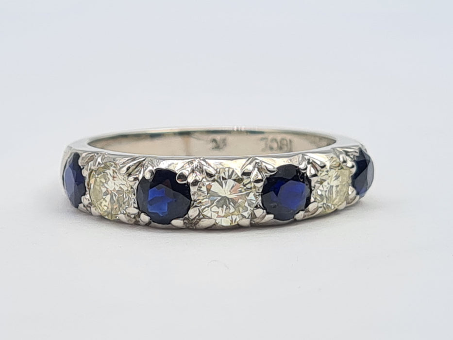 6087- Vintage: Exceptional 18ct White Gold Diamonds (0.75ct) Sapphires Half Eternity Ring - superb