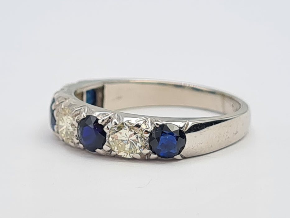 6087- Vintage: Exceptional 18ct White Gold Diamonds (0.75ct) Sapphires Half Eternity Ring - superb