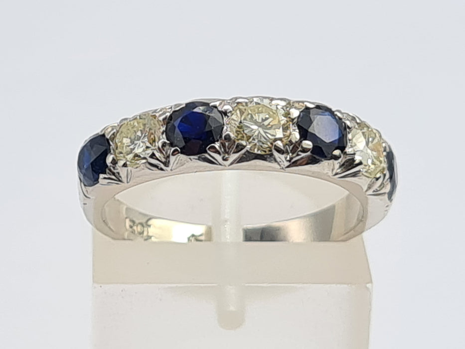 6087- Vintage: Exceptional 18ct White Gold Diamonds (0.75ct) Sapphires Half Eternity Ring - superb