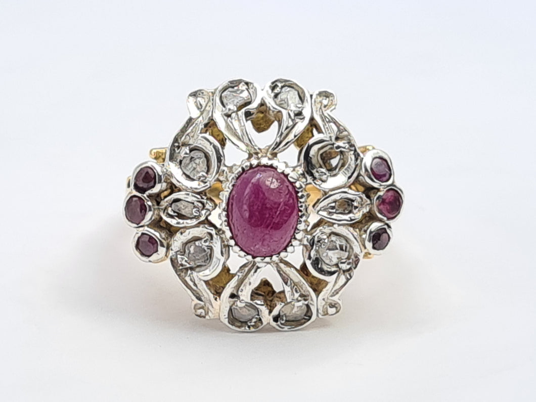 6172: Antique: 18ct Gold 7 Rubies 10 Diamonds Statement Cluster Ring- Extraordinary