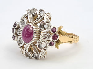 6172: Antique: 18ct Gold 7 Rubies 10 Diamonds Statement Cluster Ring- Extraordinary
