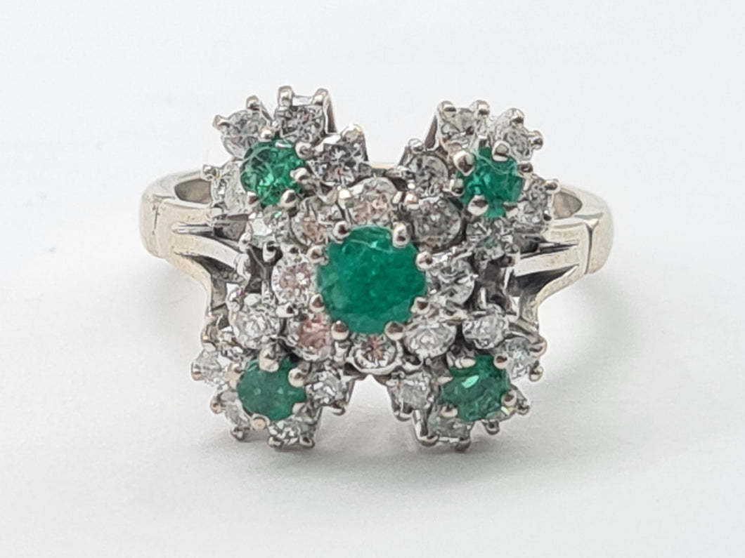 7410: Vintage; 18 White Gold Emeralds Diamonds Statement Cocktail  Ring- Fabulous