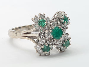 7410: Vintage; 18 White Gold Emeralds Diamonds Statement Cocktail&nbsp; Ring- Fabulous