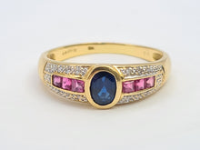 Load image into Gallery viewer, 7532: Vintage; 18ct Gold Art-Deco Style Sapphire, Rubies, Diamonds Dress Stacker Ring- beautifully matched
