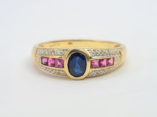 Load image into Gallery viewer, 7532: Vintage; 18ct Gold Art-Deco Style Sapphire, Rubies, Diamonds Dress Stacker Ring- beautifully matched
