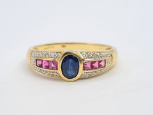 Load image into Gallery viewer, 7532: Vintage; 18ct Gold Art-Deco Style Sapphire, Rubies, Diamonds Dress Stacker Ring- beautifully matched
