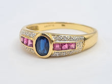 Load image into Gallery viewer, 7532: Vintage; 18ct Gold Art-Deco Style Sapphire, Rubies, Diamonds Dress Stacker Ring- beautifully matched
