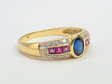 Load image into Gallery viewer, 7532: Vintage; 18ct Gold Art-Deco Style Sapphire, Rubies, Diamonds Dress Stacker Ring- beautifully matched
