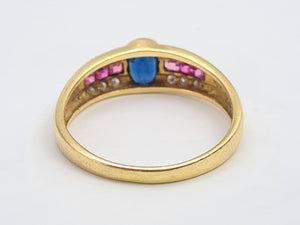 7532: Vintage; 18ct Gold Art-Deco Style Sapphire, Rubies, Diamonds Dress Stacker Ring- beautifully matched