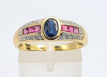 Load image into Gallery viewer, 7532: Vintage; 18ct Gold Art-Deco Style Sapphire, Rubies, Diamonds Dress Stacker Ring- beautifully matched
