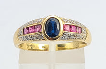 Load image into Gallery viewer, 7532: Vintage; 18ct Gold Art-Deco Style Sapphire, Rubies, Diamonds Dress Stacker Ring- beautifully matched
