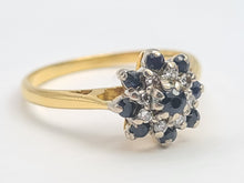 Load image into Gallery viewer, A7536: Vintage: 18ct Gold 9 French Blue Sapphires 8 Diamonds Floral Cluster Ring- lovely symmetry
