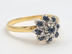 A7536: Vintage: 18ct Gold 9 French Blue Sapphires 8 Diamonds Floral Cluster Ring- lovely symmetry