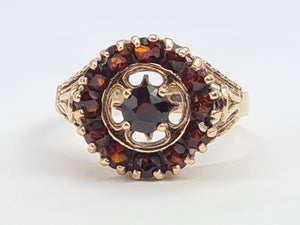 A7547:Vintage: (1976) 9ct Gold Garnets Geometric Set Cluster Ring- FAB at 48