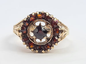 A7547:Vintage: (1976) 9ct Gold Garnets Geometric Set Cluster Ring- FAB at 48