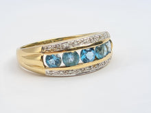 Load image into Gallery viewer, 7551: Vintage: 9ct Gold 5 Swiss Blue Topaz 18 Diamonds Cocktail Ring- lovely combination, crisp eye candy
