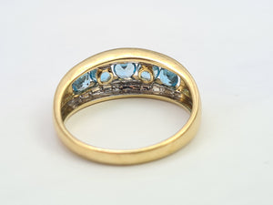 7551: Vintage: 9ct Gold 5 Swiss Blue Topaz 18 Diamonds Cocktail Ring- lovely combination, crisp eye candy