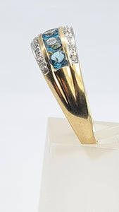 7551: Vintage: 9ct Gold 5 Swiss Blue Topaz 18 Diamonds Cocktail Ring- lovely combination, crisp eye candy