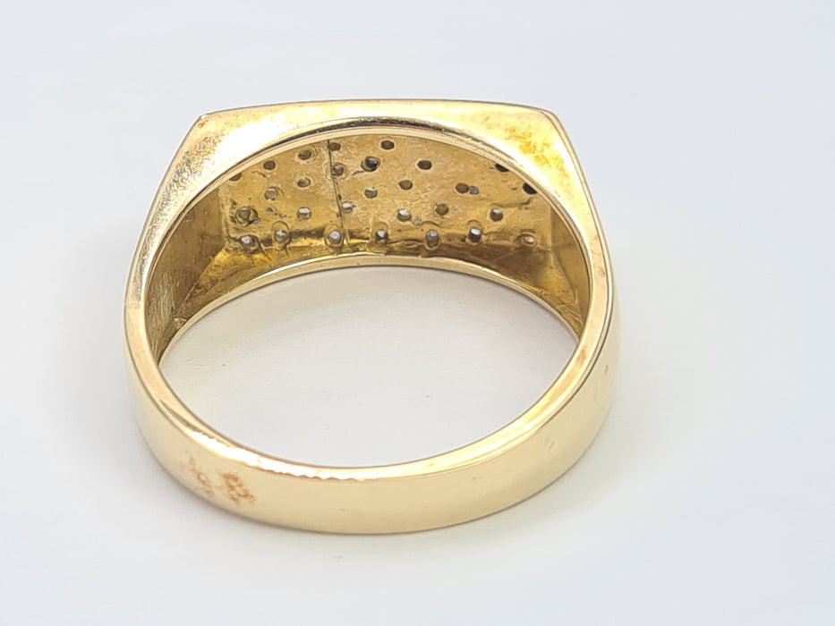6106Vintage: Heavy 9ct Gold Black White Diamonds Signet Ring- sparkling statement