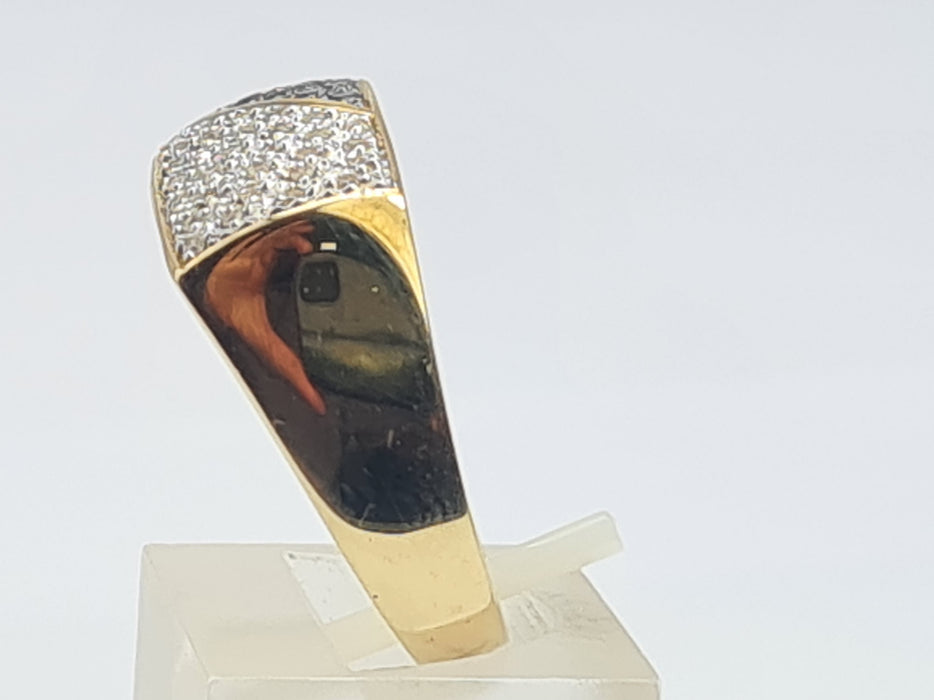 6106Vintage: Heavy 9ct Gold Black White Diamonds Signet Ring- sparkling statement