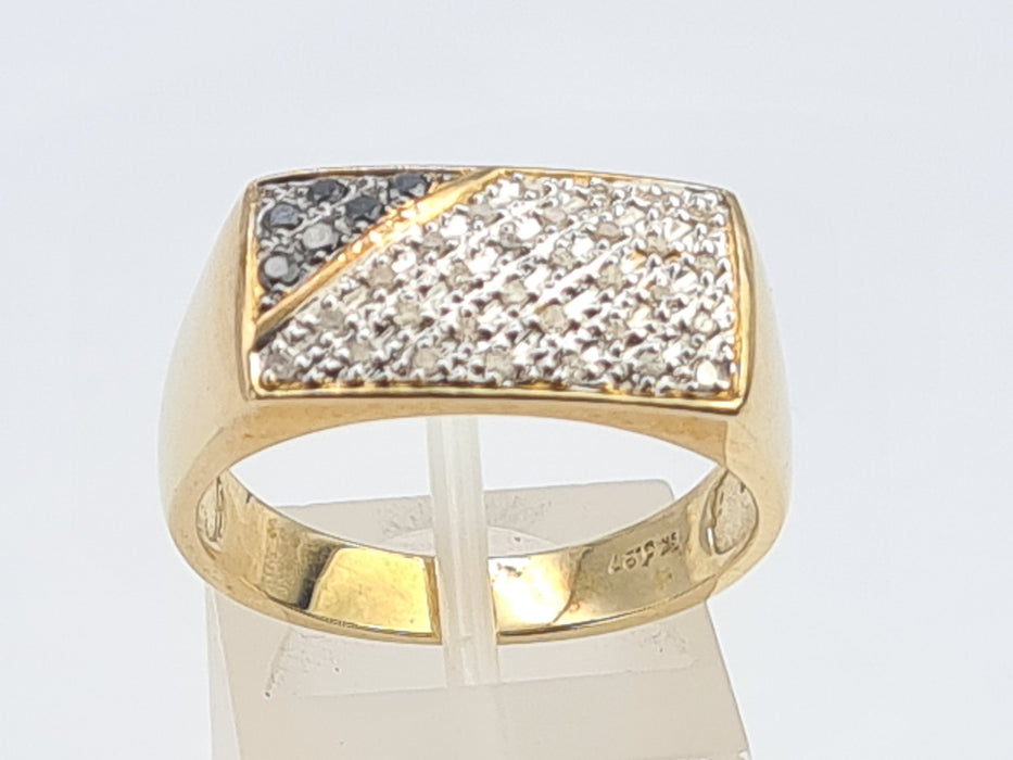 6106Vintage: Heavy 9ct Gold Black White Diamonds Signet Ring- sparkling statement