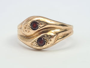 7593: Vintage: (1971) 9ct Gold Double Snakes Garnets Ring- 53 years old- Hiss or Hers?