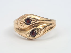 7593: Vintage: (1971) 9ct Gold Double Snakes Garnets Ring- 53 years old- Hiss or Hers?