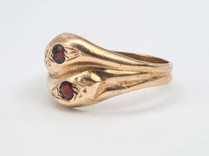 7593: Vintage: (1971) 9ct Gold Double Snakes Garnets Ring- 53 years old- Hiss or Hers?