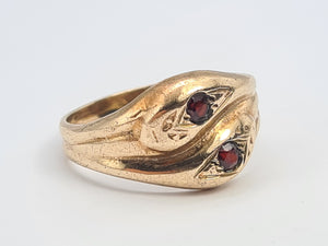 7593: Vintage: (1971) 9ct Gold Double Snakes Garnets Ring- 53 years old- Hiss or Hers?