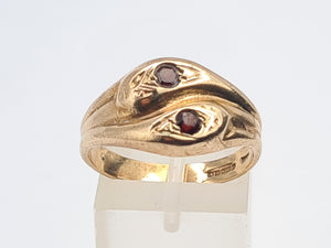 7593: Vintage: (1971) 9ct Gold Double Snakes Garnets Ring- 53 years old- Hiss or Hers?