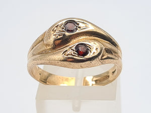 7593: Vintage: (1971) 9ct Gold Double Snakes Garnets Ring- 53 years old- Hiss or Hers?