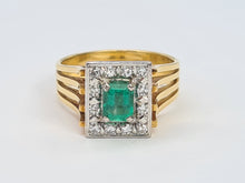 Load image into Gallery viewer, 9033: Vintage; 18ct Gold Emerald Cut Emerald 12 Diamonds Square Set Cocktail Ring. very fine example.
