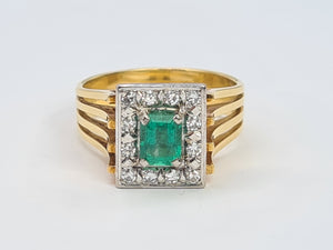 9033: Vintage; 18ct Gold Emerald Cut Emerald 12 Diamonds Square Set Cocktail Ring. very fine example.