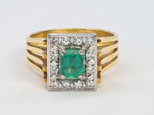 Load image into Gallery viewer, 9033: Vintage; 18ct Gold Emerald Cut Emerald 12 Diamonds Square Set Cocktail Ring. very fine example.
